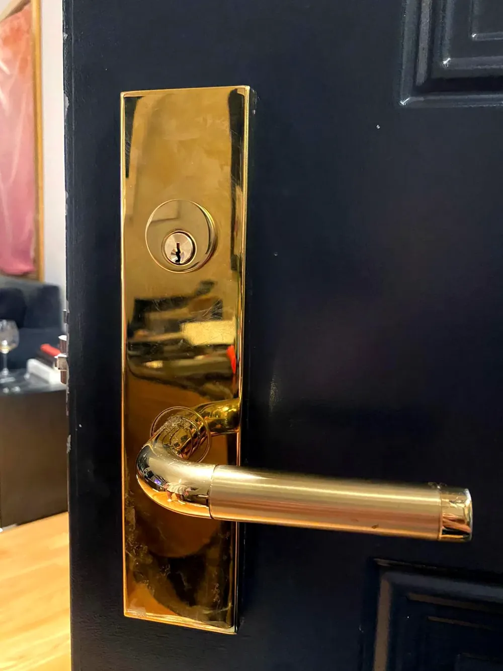 Brass mortise lever lock on an office door
