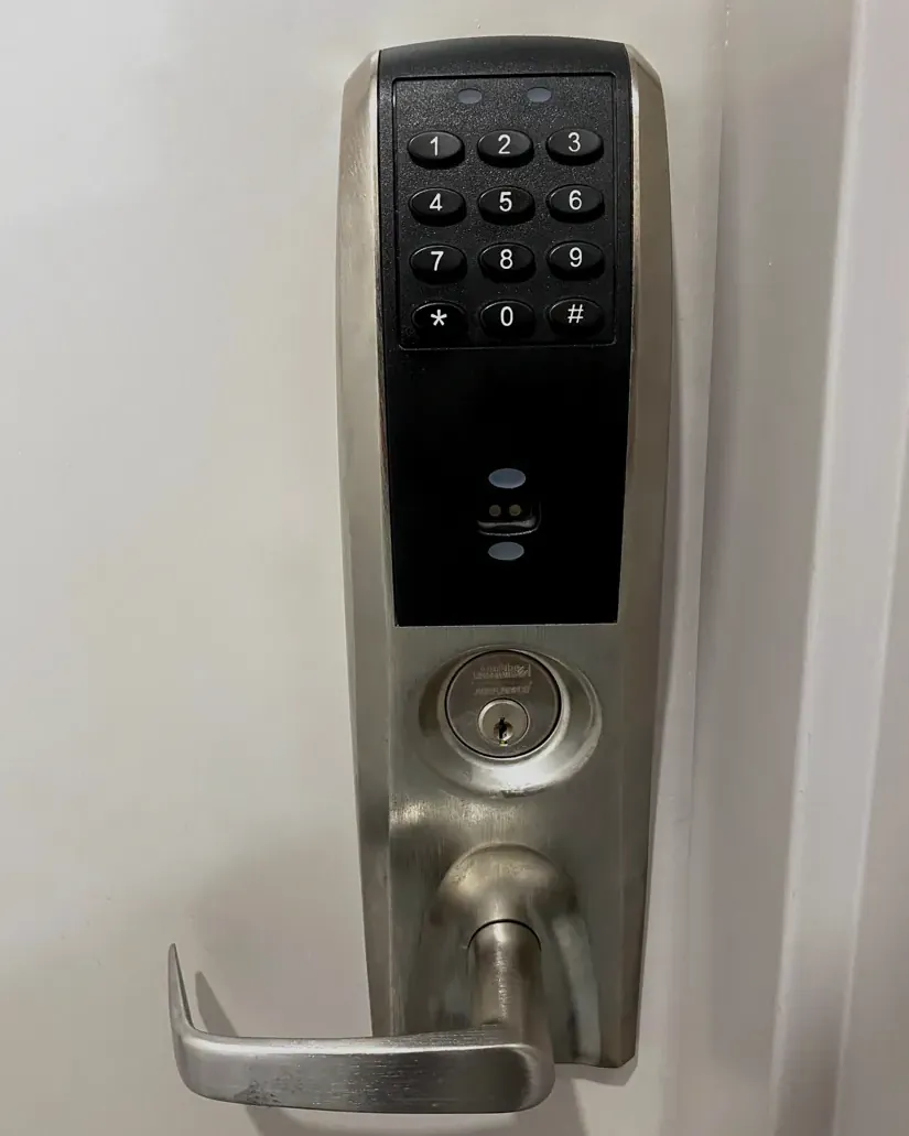 Commercial keypad lever lock on an office door