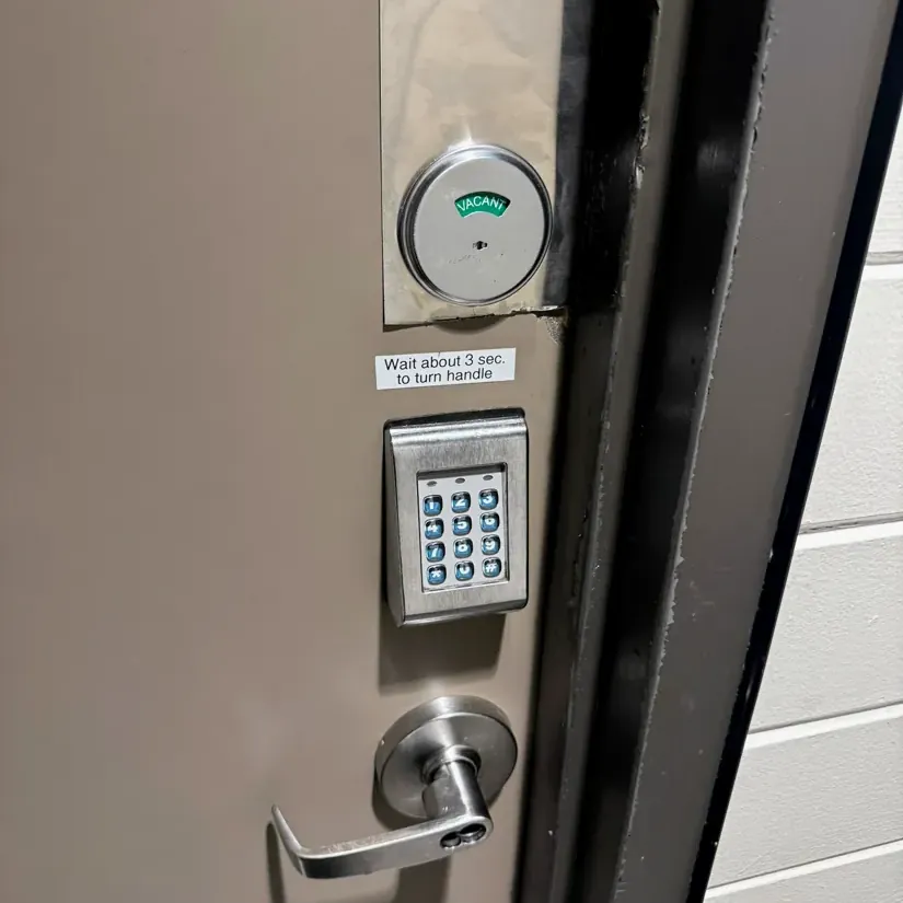 Keypad lock and lever on an office door