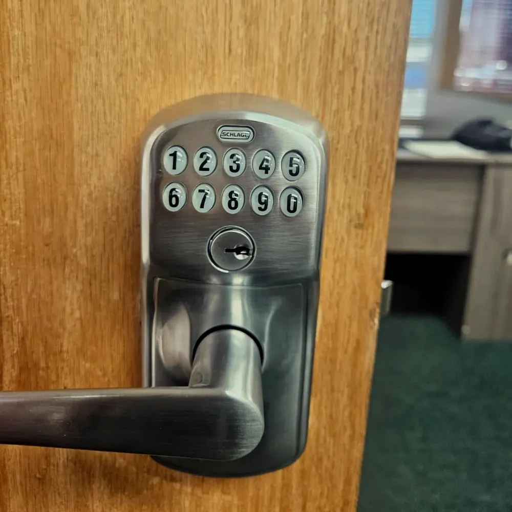 Schlage keypad lever lock installed on a home door